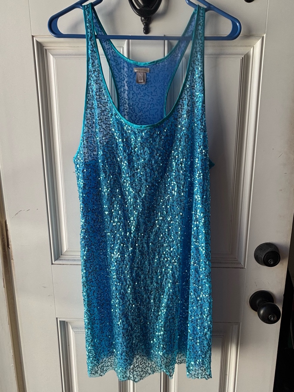 Victoria's Secret Y2K Aqua Blue Sequin Racerback Tunic Tank/Mini Dress Size L